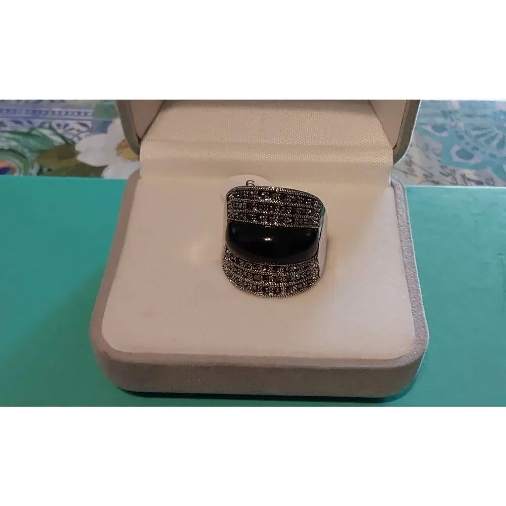 Sparkling Genuine Marcasite & Black Onyx Gemstone Wide Band Ring Sz 9